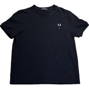 Fred Perry Mens Large Black Pique Cotton T-Shirt Laurel Wreath Pocket Logo